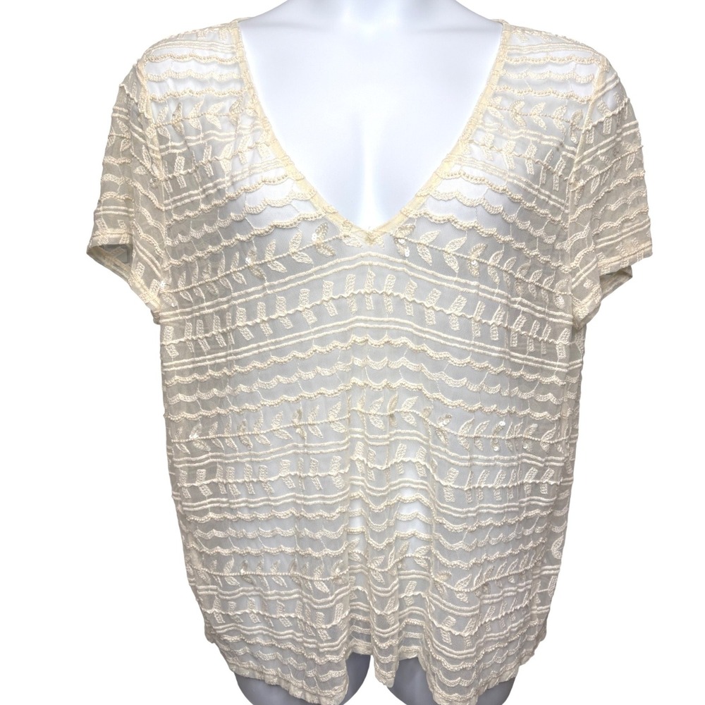 CHICO'S Women Ivory Embroidered Sheer Mesh V-Neck Top Sz 3/XL Sequins Romantic